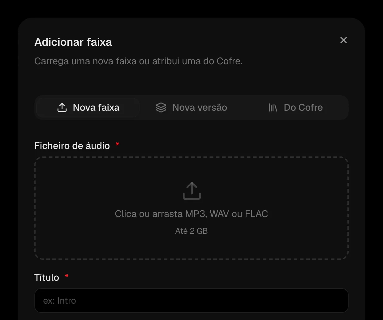 A janela «Adicionar faixa» no separador «Nova faixa»