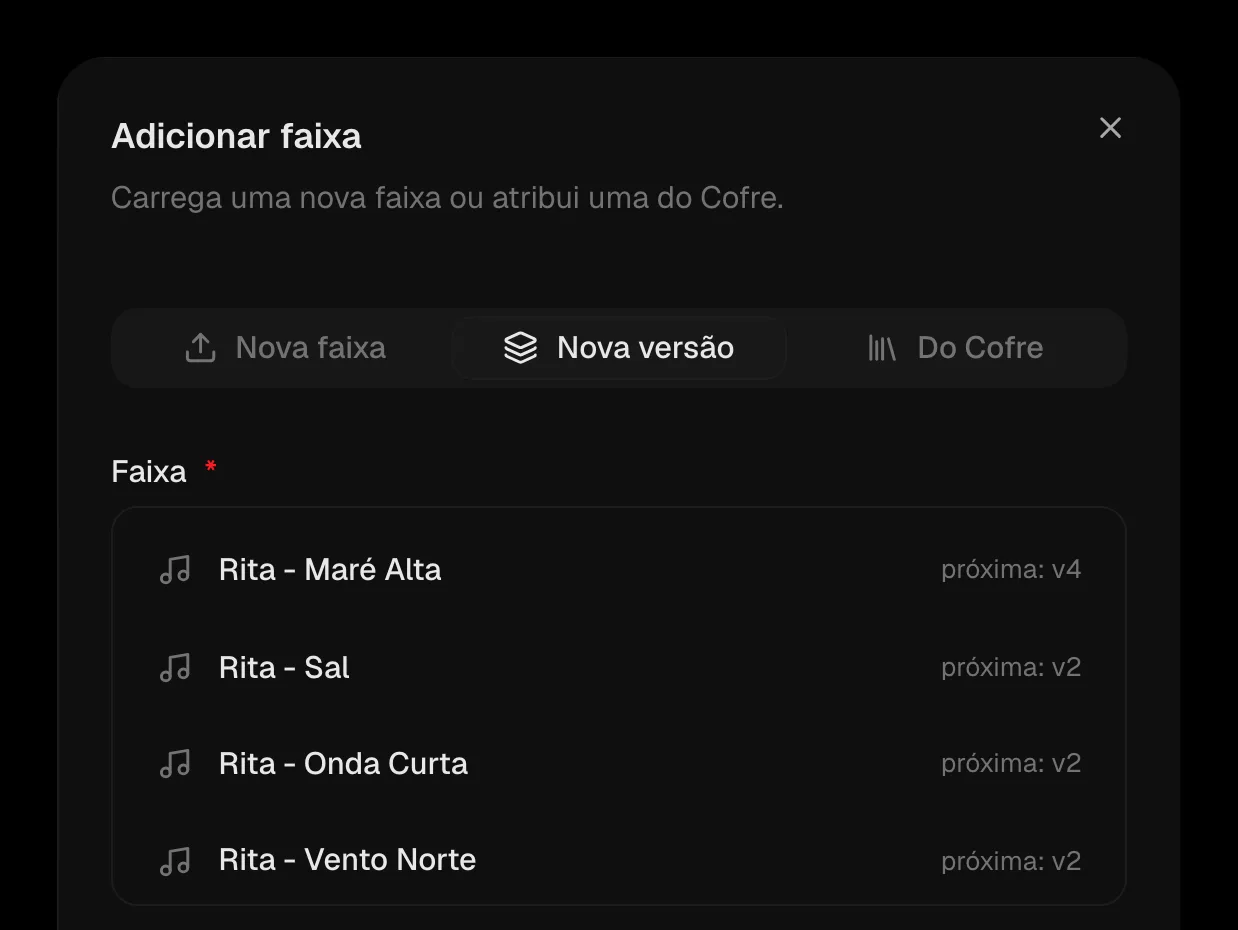 O separador «Nova versão», com a próxima versão de cada faixa