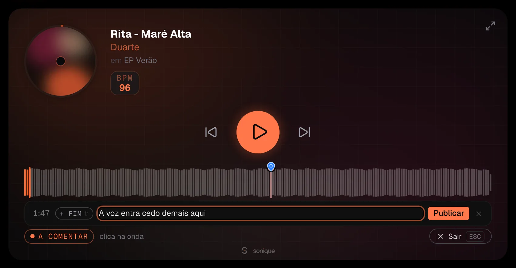 Um comentário a ser escrito no segundo 1:47, com «+ fim» e «Publicar»