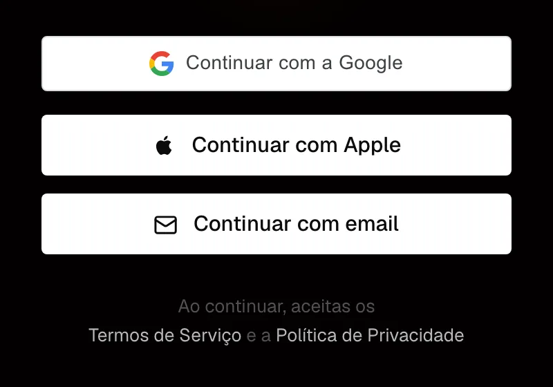 Os botões «Continuar com a Google», «Continuar com Apple» e «Continuar com email»