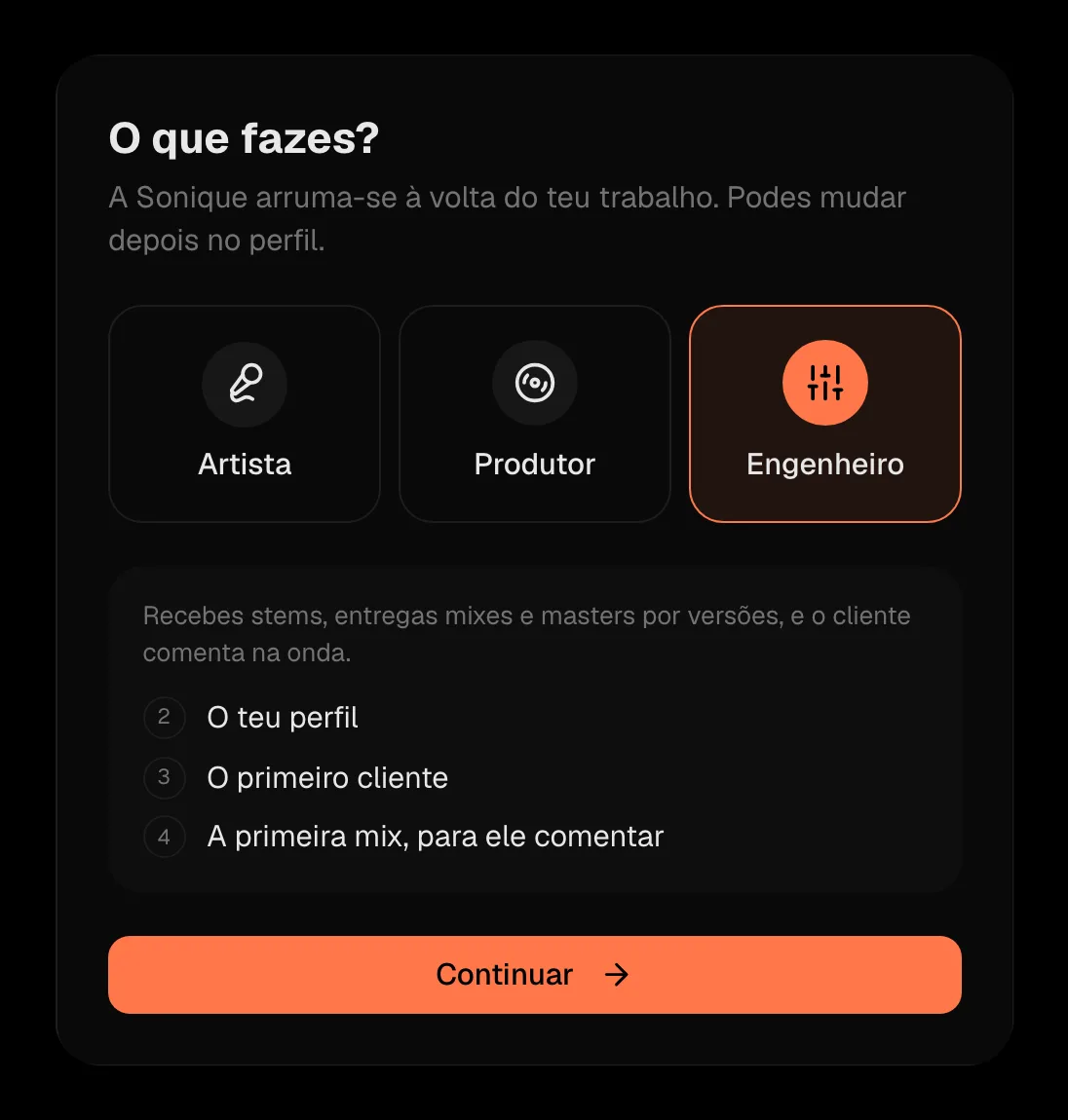 O passo «O que fazes?» com «Engenheiro» escolhido e os passos seguintes
