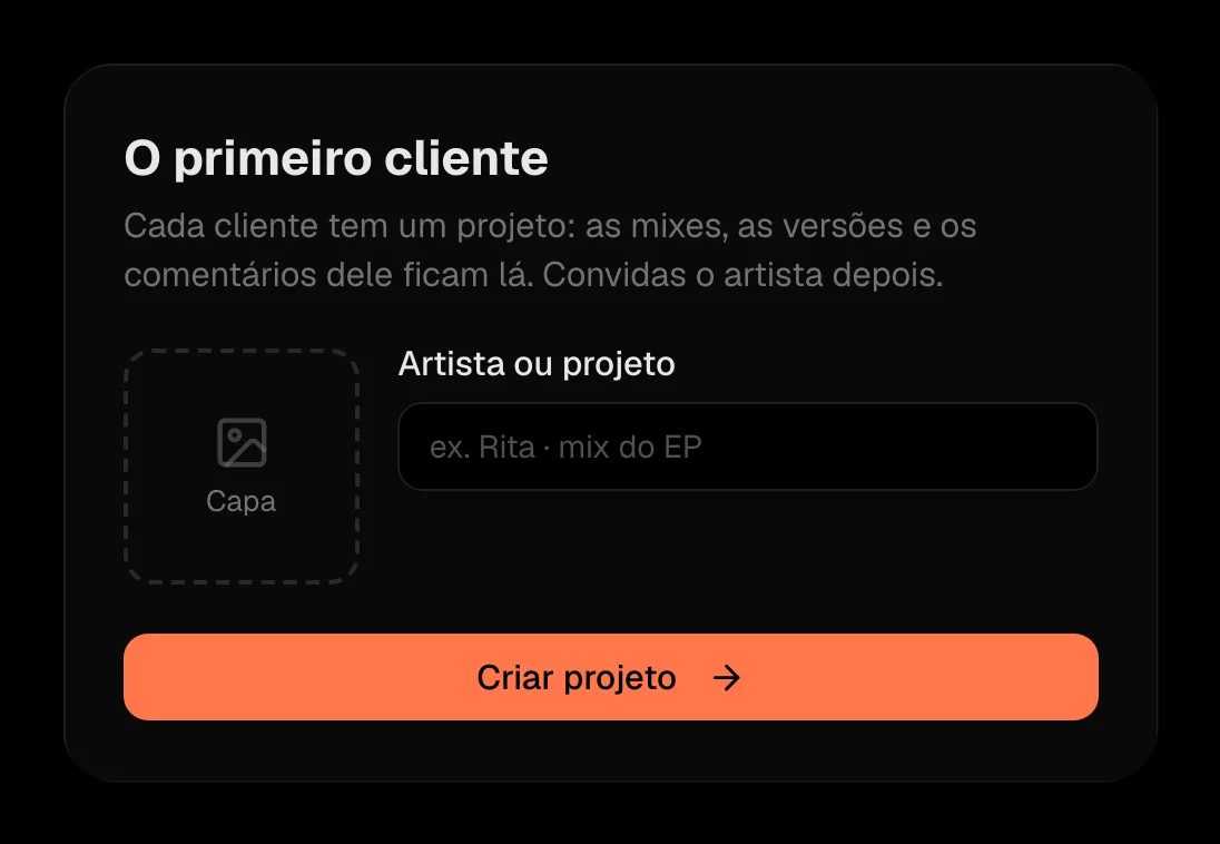 O passo «O primeiro cliente», com a capa e o campo «Artista ou projeto»