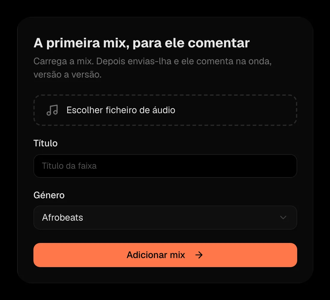 O passo «A primeira mix, para ele comentar», com o ficheiro de áudio, o título e o género