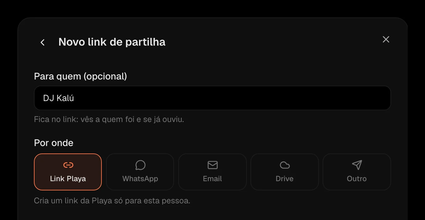 O formulário do envio, com «Para quem» preenchido e «Link Playa» escolhido