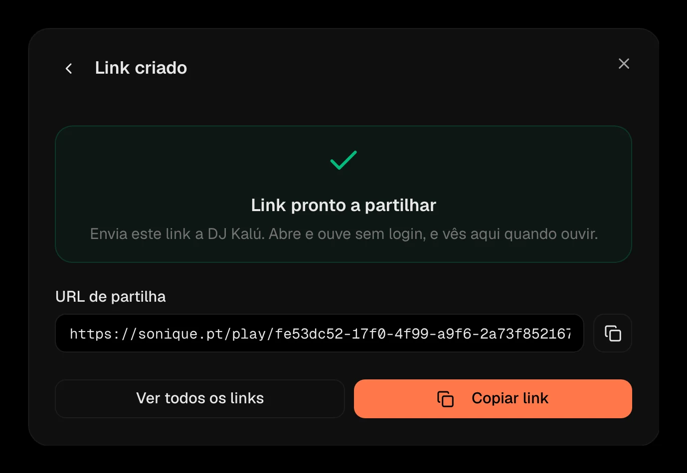 O link criado, pronto a copiar
