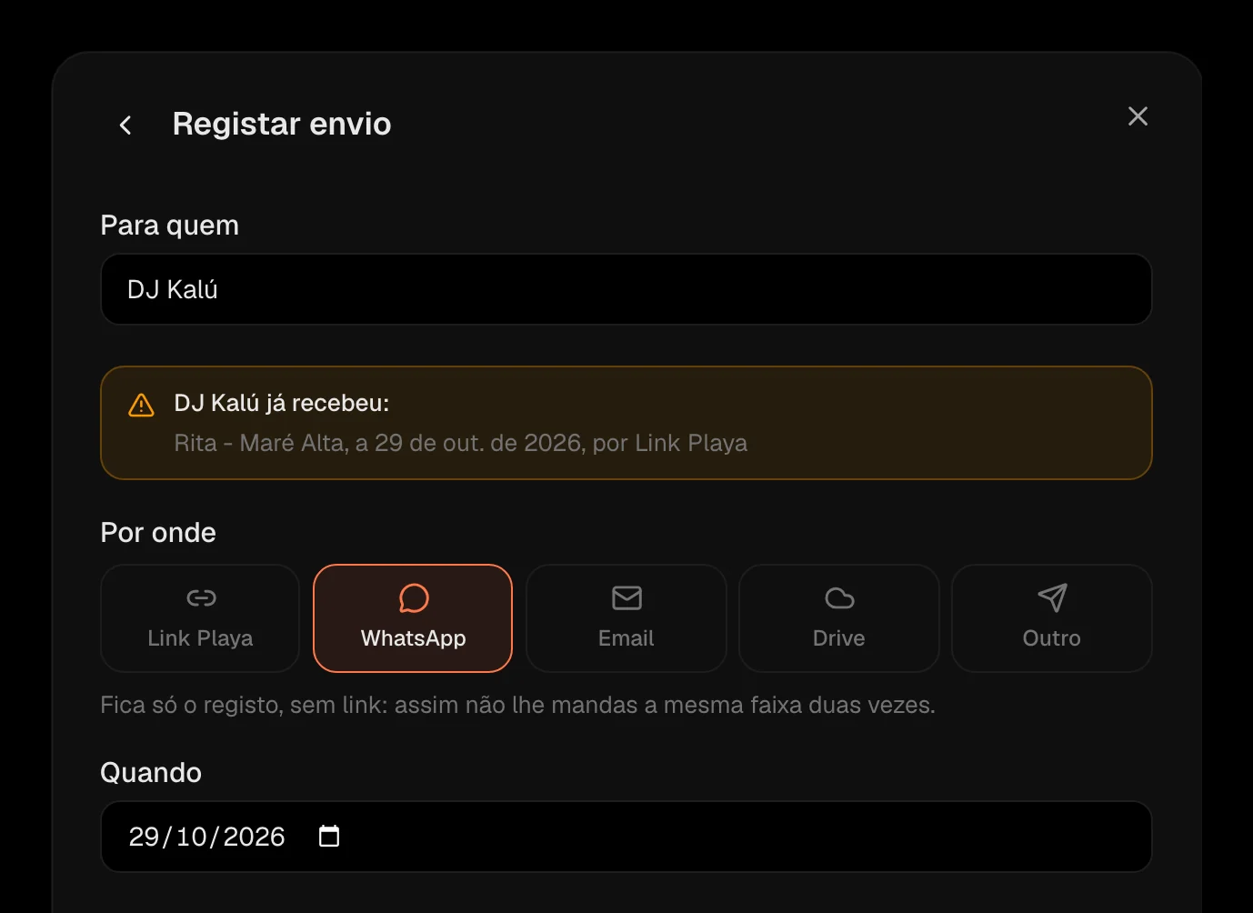 Um envio por WhatsApp a ser registado, com o aviso de que a pessoa já recebeu a faixa