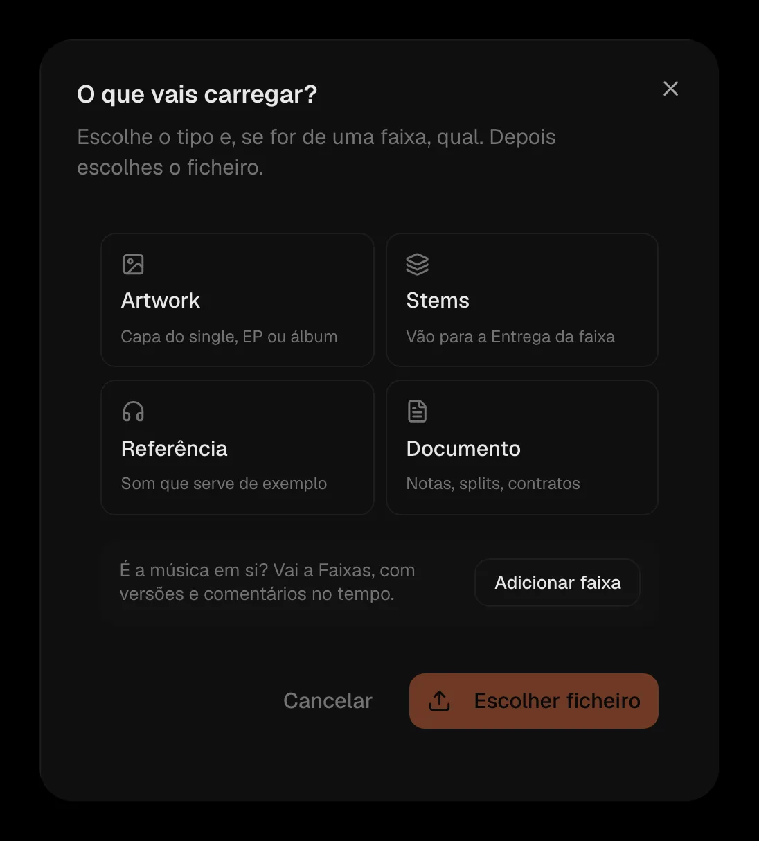 A janela «O que vais carregar?» com os tipos de ficheiro