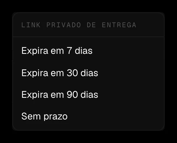 O menu «Link privado de entrega» com os prazos