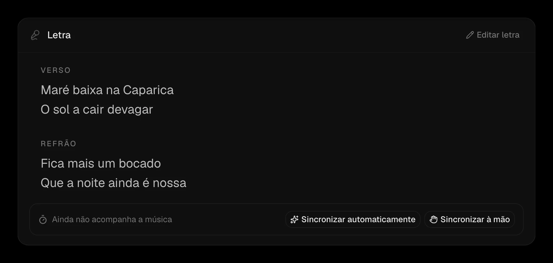 A letra guardada, com as estrofes e os botões para sincronizar