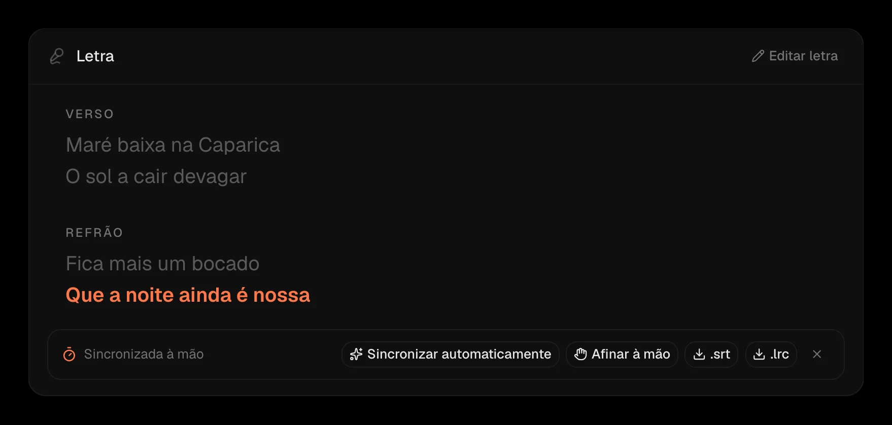 A letra sincronizada à mão, com os botões «.srt» e «.lrc»