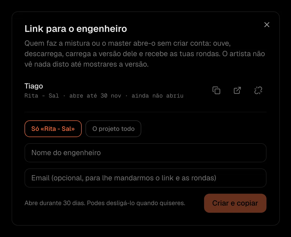 A janela «Link para o engenheiro», com o link criado para o Tiago