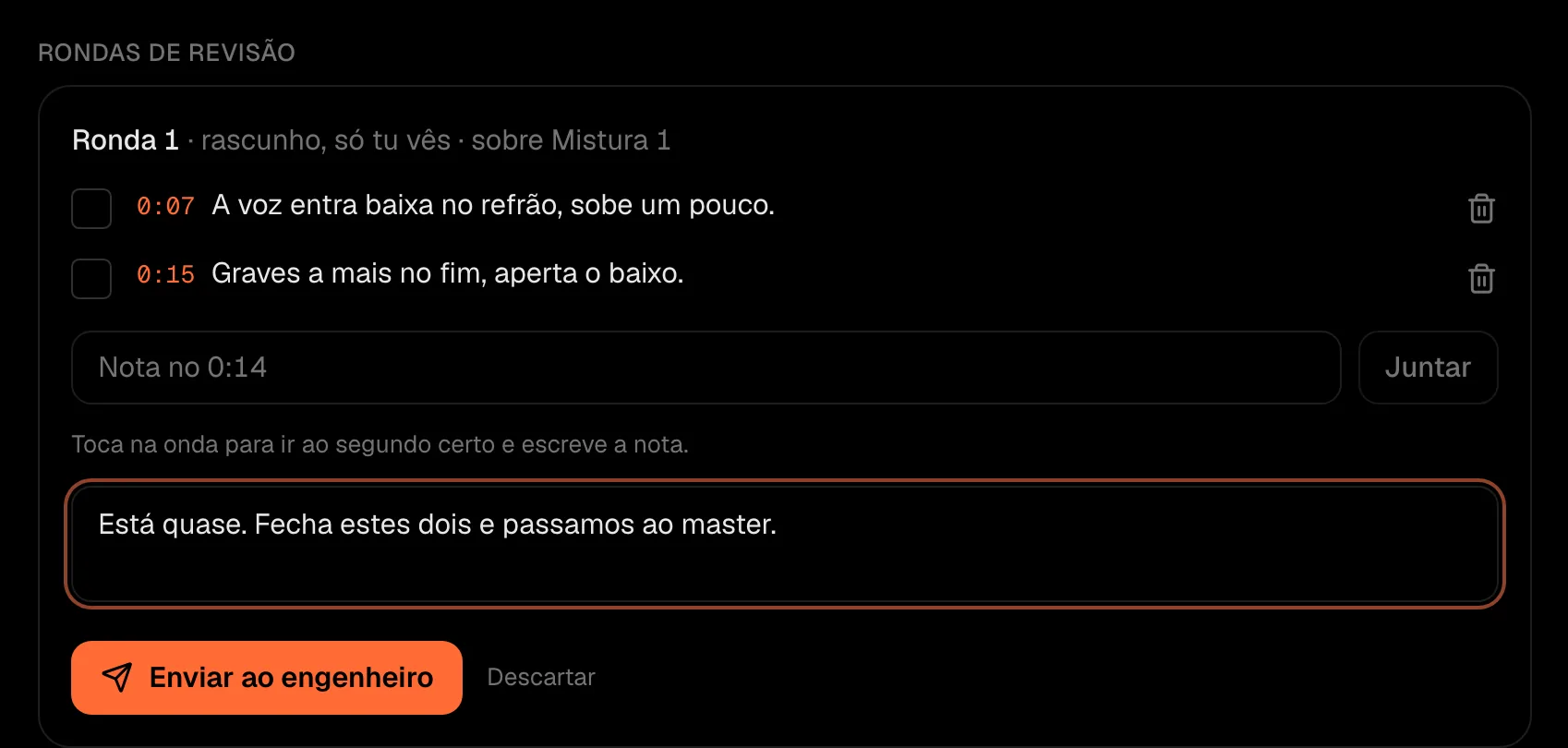 Uma ronda em rascunho, com duas notas presas ao segundo e a nota geral
