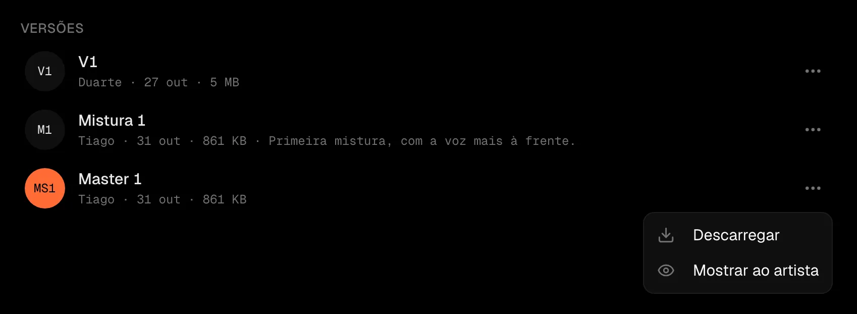 O menu dos três pontos do Master 1, com «Mostrar ao artista»